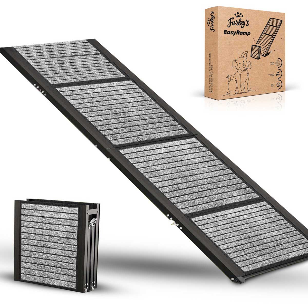 Furley's Opvouwbare Hondenloopplank - Inklapbare Hondentrap & Loopplank voor Auto - Antislip & Veilig - Aluminium - 160 cm - 70 kg Draagkracht - Met Bevestiging - Voor Grote & Kleine Honden