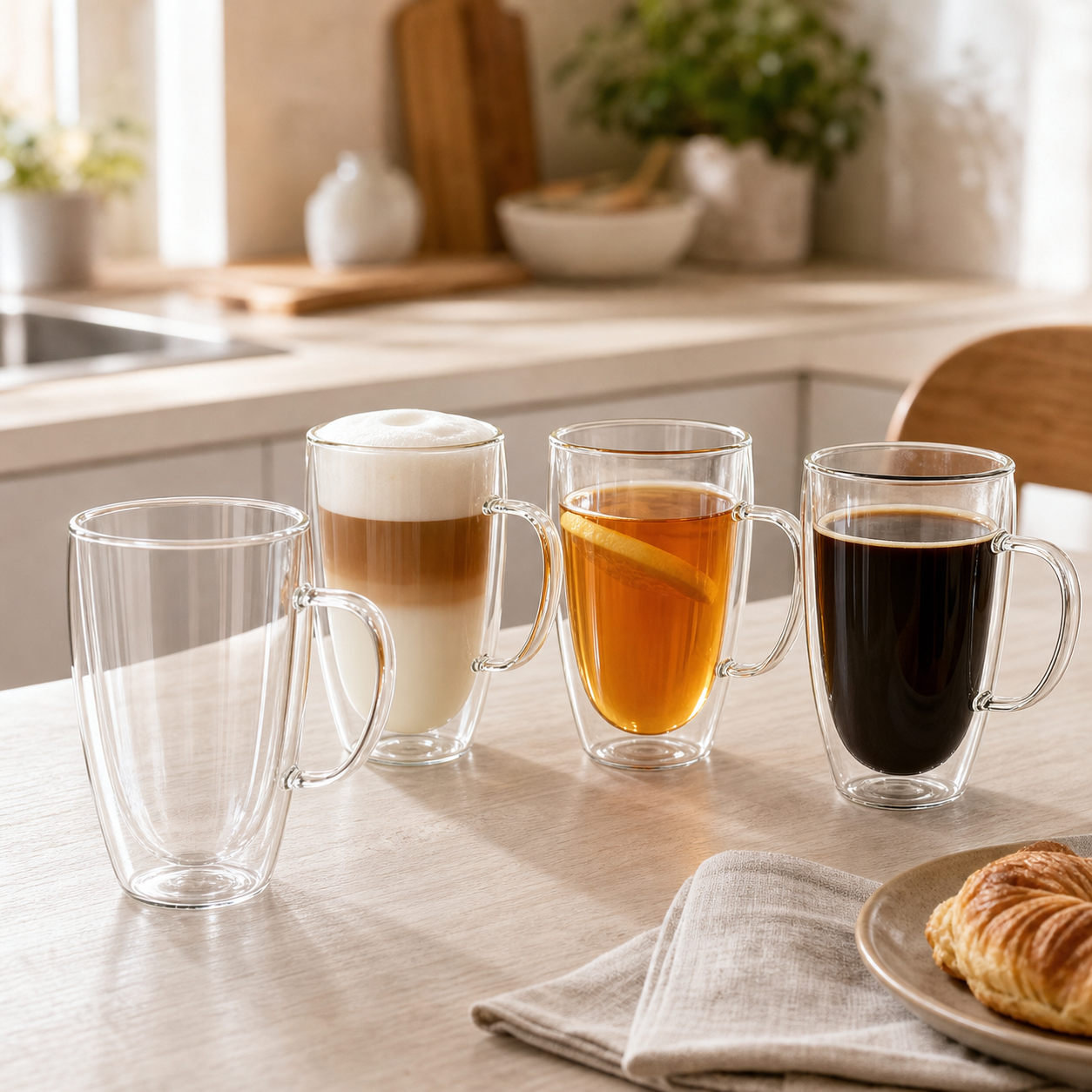 Glozini Dubbelwandige Glazen met Oor - 450 ml - Set van 8 - Koffieglazen - Theeglas - Cappuccino Glazen - Latte Macchiato Glazen Bekers