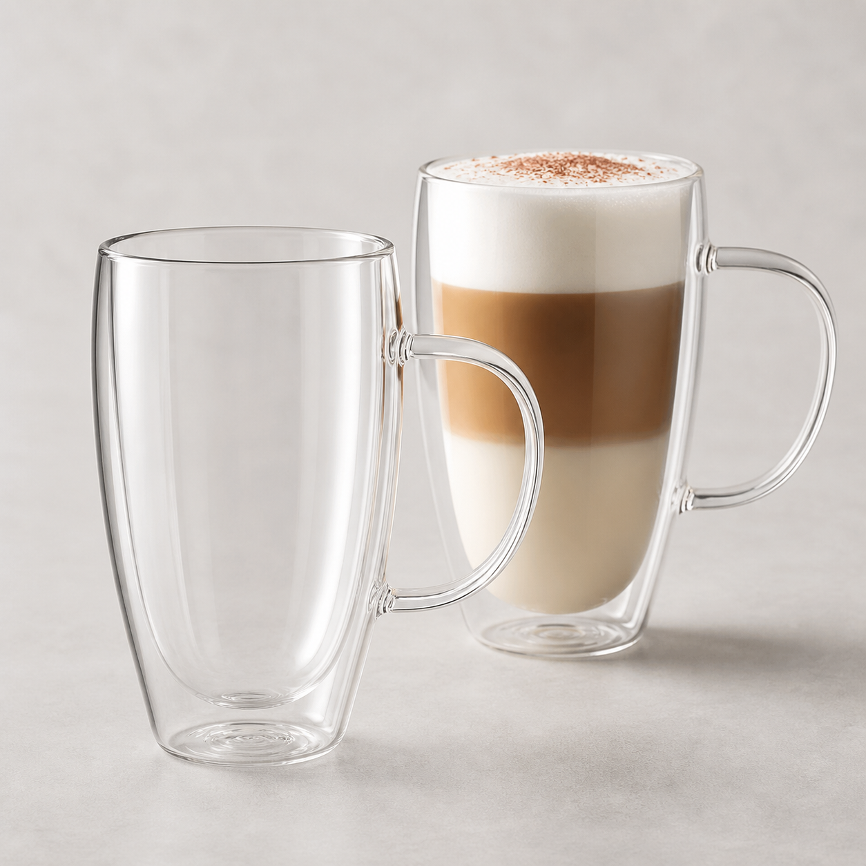 Glozini Dubbelwandige Glazen met Oor - 450 ml - Set van 8 - Koffieglazen - Theeglas - Cappuccino Glazen - Latte Macchiato Glazen Bekers
