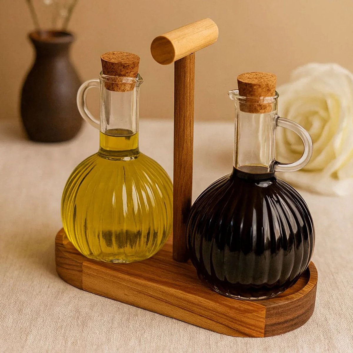 Glozini Olie- en Azijn Set Incl. Houder - Acacia Hout/Glas - Geribbelde Karafjes