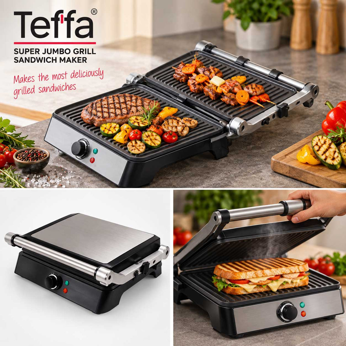 Teffo Super Jumbo Grill Sandwich Maker - Contactgrill - Tosti Apparaat XL - 1400W