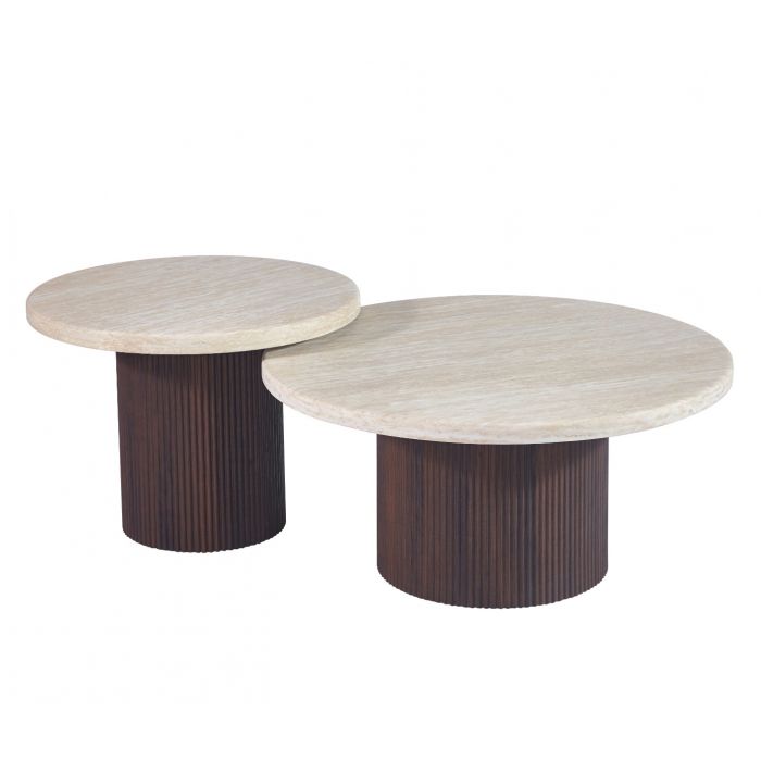 Vivente Paterno Salontafel 2-delig - Bruin - Ø80x38 cm + Ø60x43 cm - Travertine - Japandi