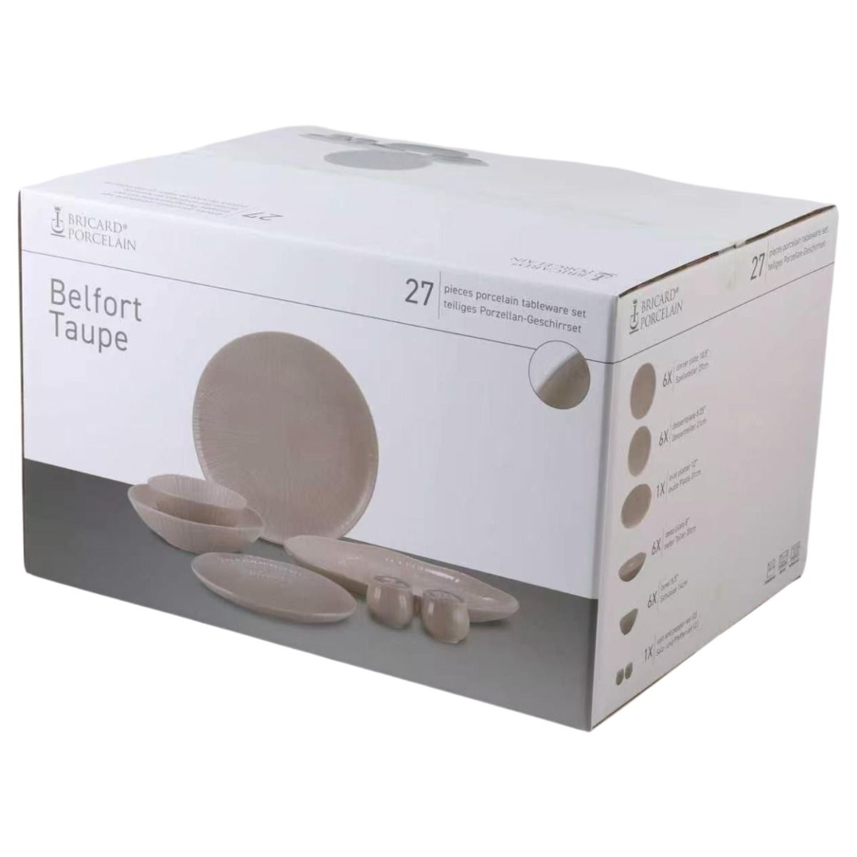Bricard Belfort Serviesset, Taupe, 27-delig, 6-Persoons, Dinner Set, Porselein – verpakking