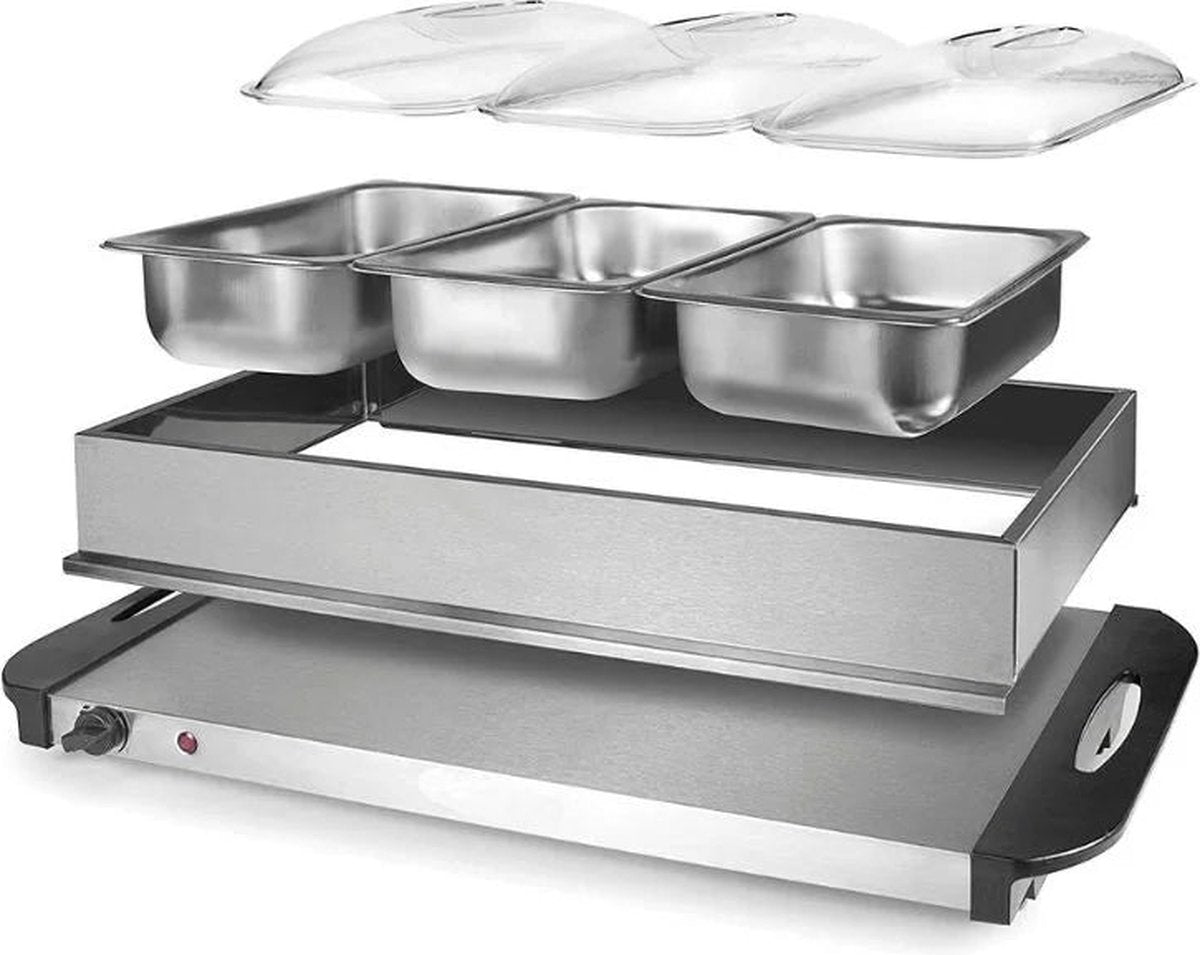 Cheffinger Buffetwarmer - Warmhoudplaat - Voedselwarmer - 3x2.4L - Roestvrij Staal - TEKZEN