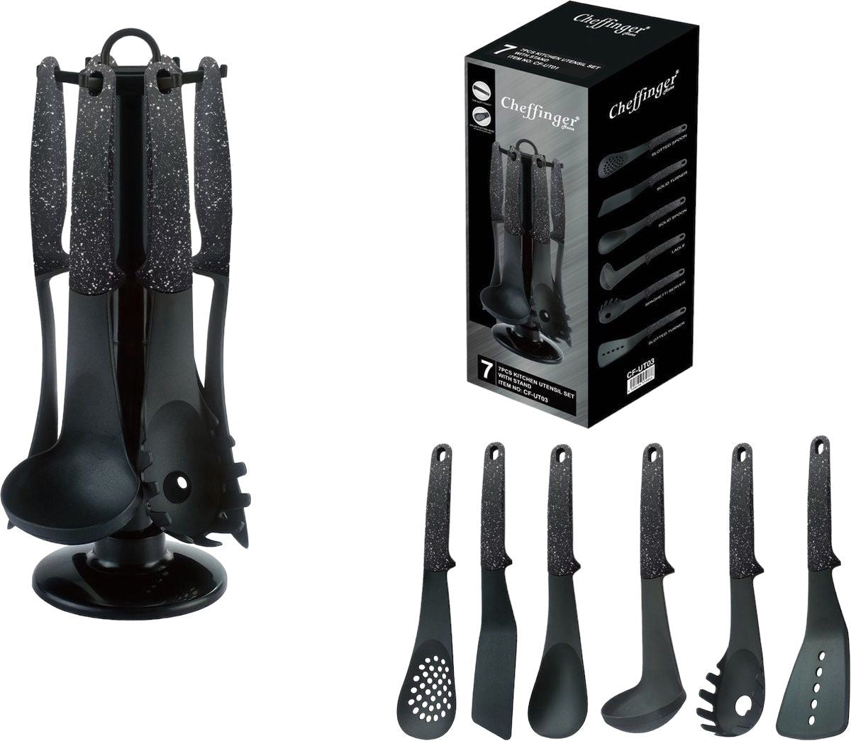 Cheffinger Keukengerei Set - 7 - delig - 360° Draaibare Standaard - Kookgerei Set - TEKZEN