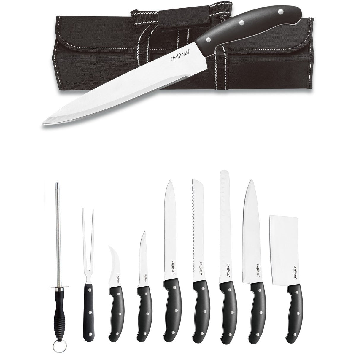 Cheffinger Messenset – 10 - delig – Professionele Keuken - & BBQ - messen met Slijper en Opbergtas - TEKZEN