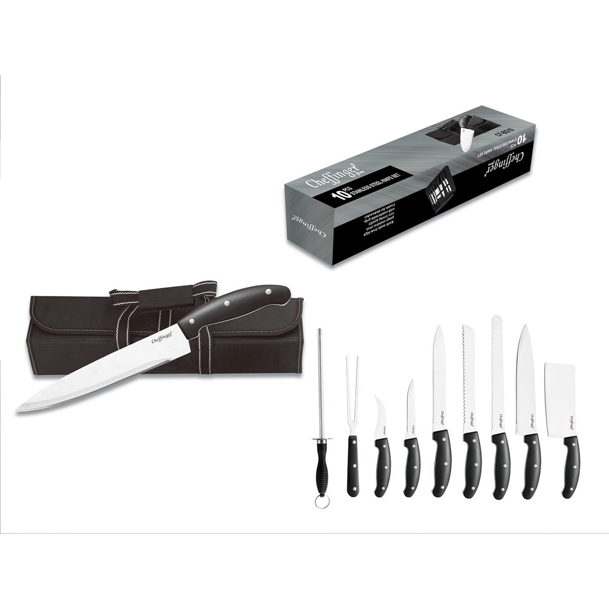 Cheffinger Messenset – 10 - delig – Professionele Keuken - & BBQ - messen met Slijper en Opbergtas - TEKZEN