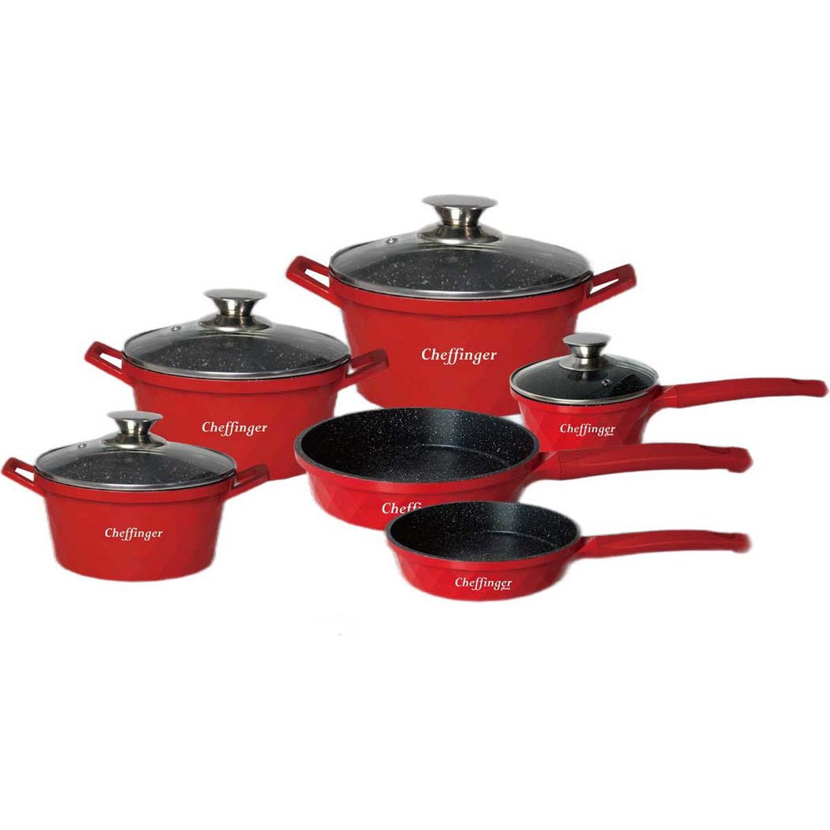 Cheffinger Pannenset - 12 - delig - Rood - Inductie - Met glazen deksels - TEKZEN