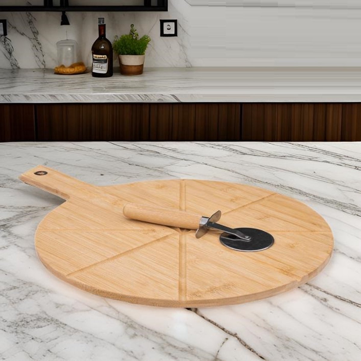 Cheffinger Pizzaplank met Pizzasnijder - Bamboe - Pizza Serveerplank met Handvat - TEKZEN