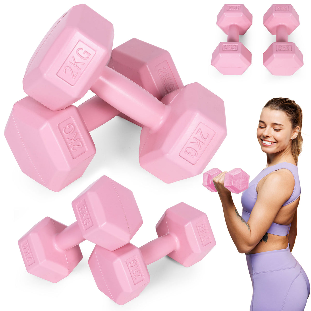ModernHome hex dumbbellset 2 × 2 kg roze – hoofdfoto met dumbbells en trainingsvoorbeeld