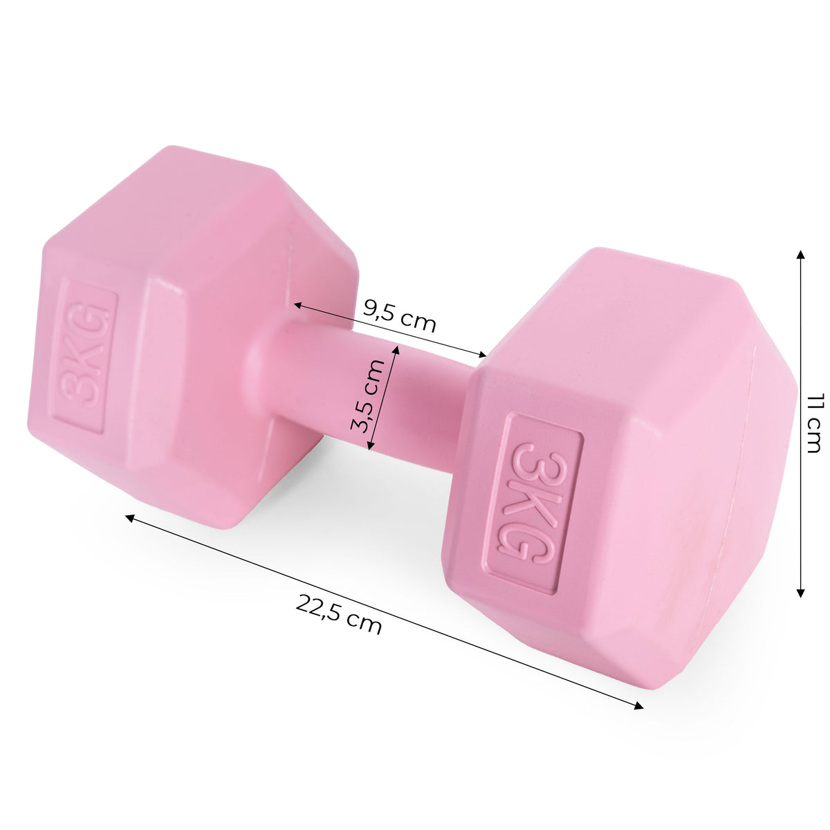 ModernHome hex dumbbellset 2 × 3 kg roze – afmetingen van één dumbbell