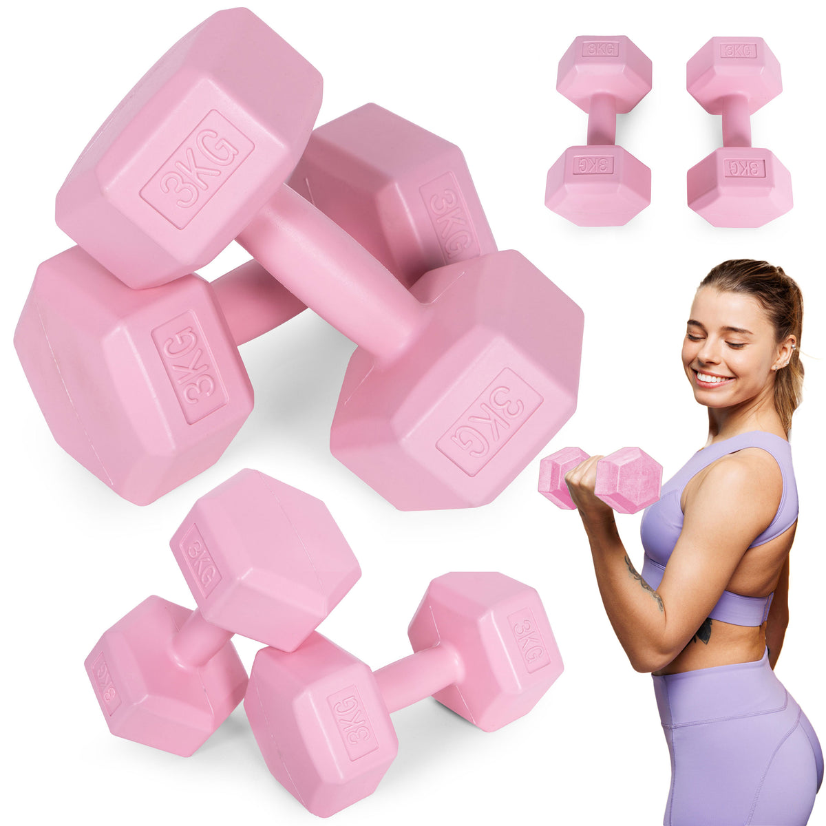 ModernHome hex dumbbellset 2 × 3 kg roze – hoofdfoto met dumbbells en trainingsvoorbeeld