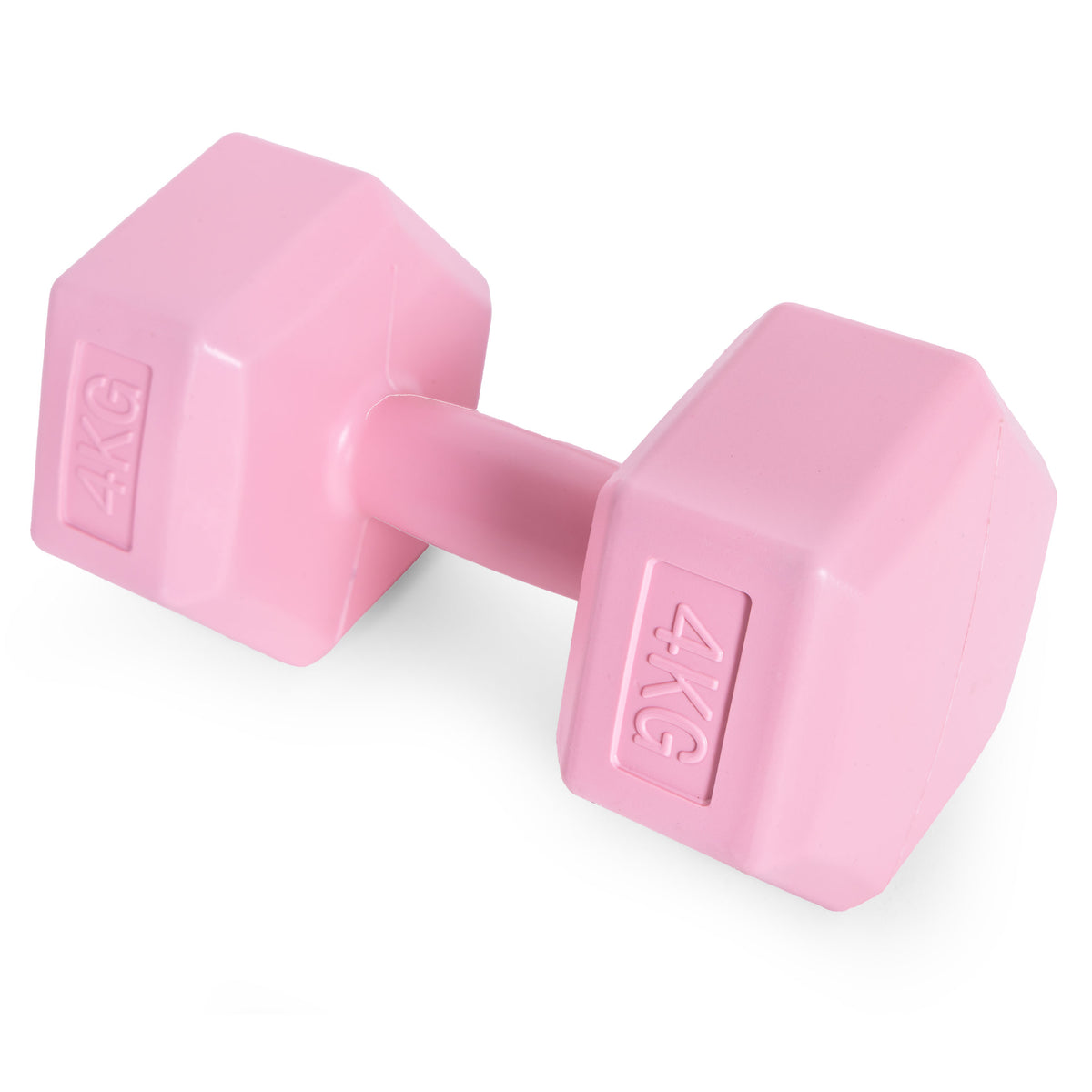 ModernHome hex dumbbellset 2 × 4 kg roze – zijaanzicht van één dumbbell