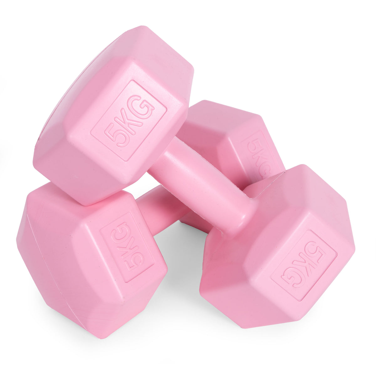 ModernHome hex dumbbellset 2 × 5 kg roze – detail van de handgreep en gewichten