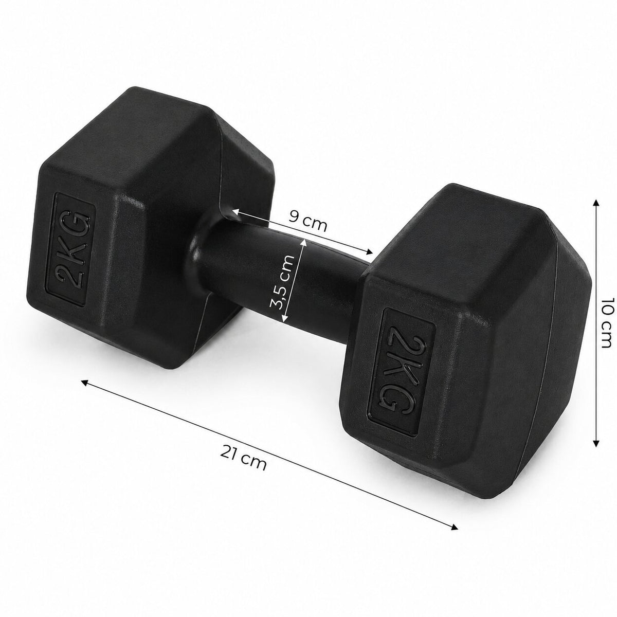 MovePro hex dumbbellset 2 × 2 kg zwart – afmetingen van één dumbbell