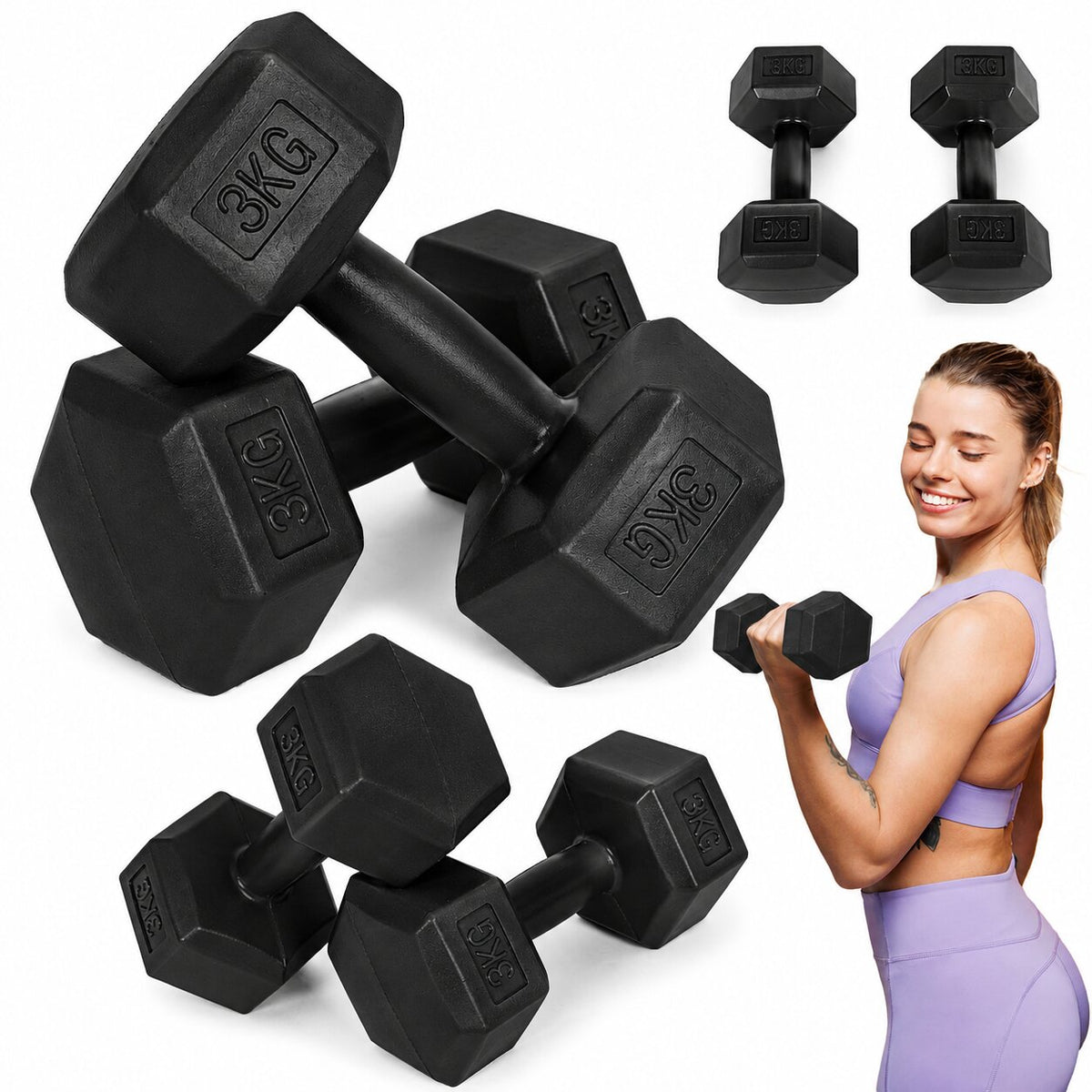 MovePro hex dumbbellset 2 × 3 kg zwart – hoofdfoto met dumbbells en trainingsvoorbeeld