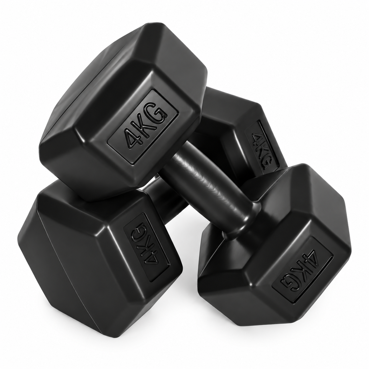 MovePro hex dumbbellset 2 × 4 kg zwart – detail van de handgreep en gewichten