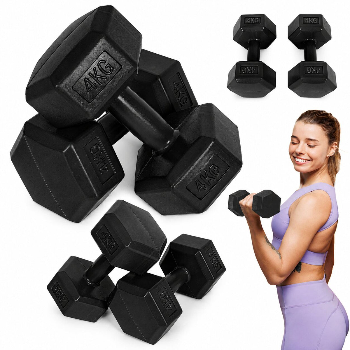 MovePro hex dumbbellset 2 × 4 kg zwart – hoofdfoto met dumbbells en trainingsvoorbeeld