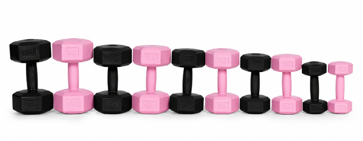MovePro hex dumbbellset 2 × 5 kg zwart – overzicht van de beschikbare gewichten en kleuren