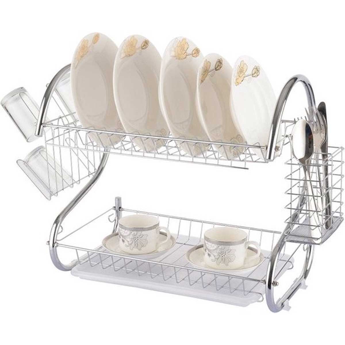 Cheffinger Afdruiprek Met Lekbak – Zilver – 2 Etages – Afwas Druiprek Droogrek Met Bestekmand – RVS