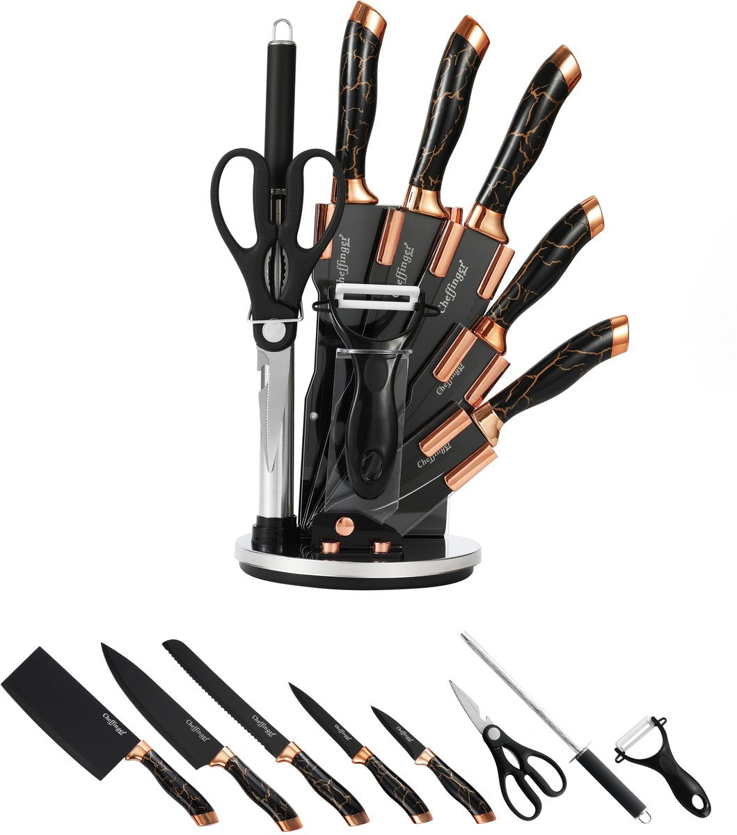 Cheffinger Messerset mit Ständer - 9-teilig - Schwarz / Roségold