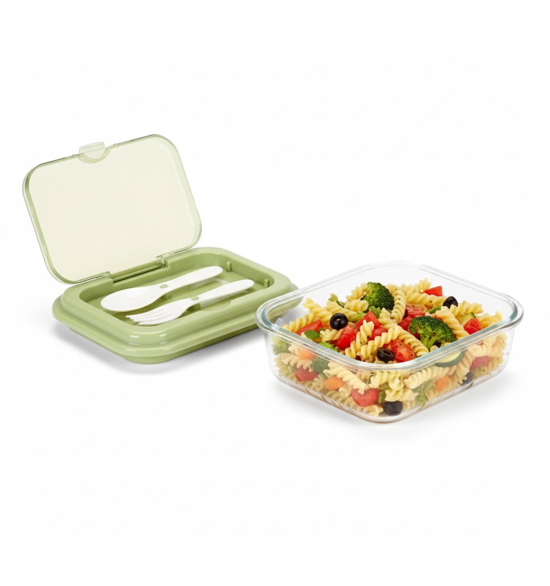 Cheffinger Lunchbox mit Besteck - Glas - Grün - Bentobox - Multifunktional für Arbeit und Schule - Meal Prep Behälter