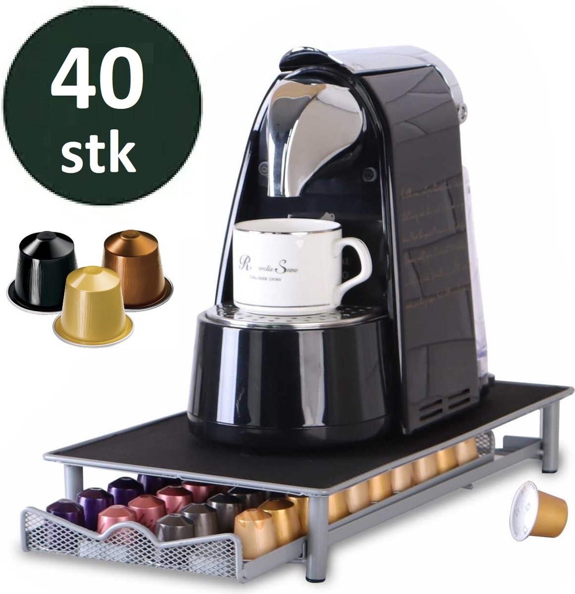 Cheffinger - Nespresso Kapselhalter mit Schublade - 40 Tassen - Tassenhalter - Espresso Kaffeepad- und Tassenhalter - Schwarz
