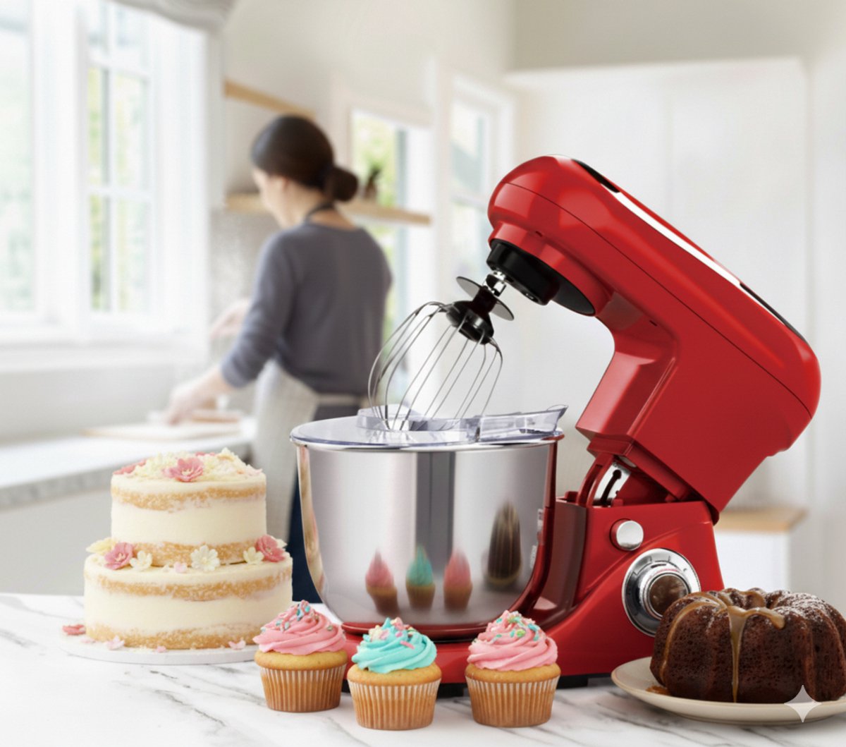 Cheffinger Küchenmaschine - Rot - 6.5L Rührschüssel - Küchenroboter - 3 Zubehörteile - Küchenmaschine - 1600W