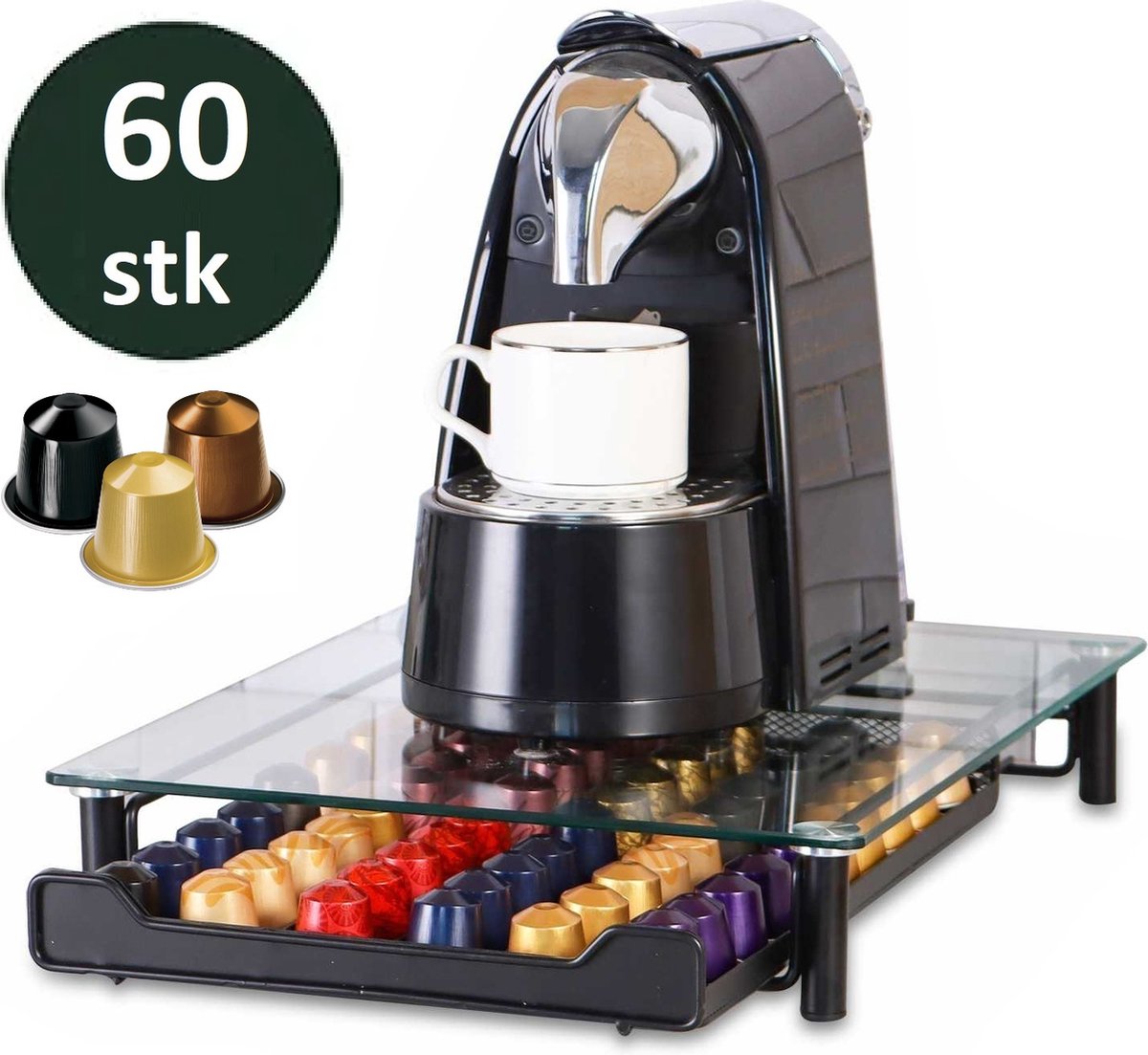 Cheffinger - Nespresso Kapselhalter mit Schublade - Glas - 60 Tassen - Espresso Kaffeepad- und Kapselhalter - Glas und Edelstahl - Schwarz