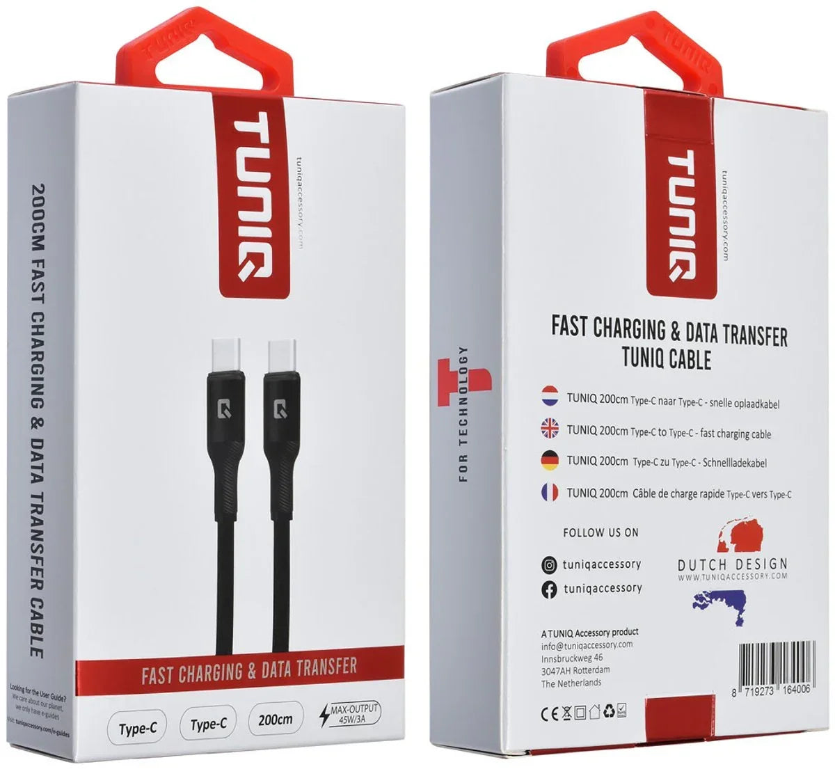 TUNIQ USB-C auf USB-C Kabel - 200cm - Schnellladekabel - Schwarz