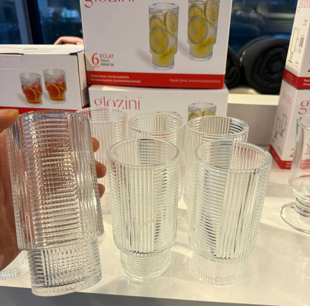 Glozini Eclat - Ribbed Long Drink Glasses - 330ml - Stackable - Set of 6 - Matcha Glasses - Latte Glasses - Cocktail Glasses