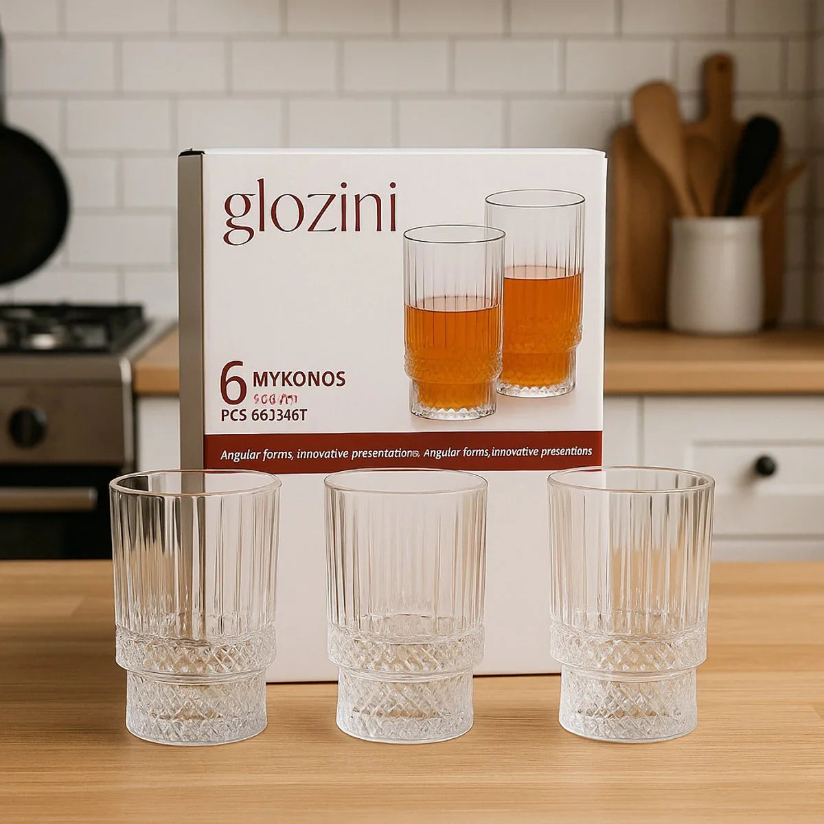 Glozini Mykonos - Geribbelde Longdrinkglazen - 330ml - Set van 6 - Cocktailglazen - IJskoffieglazen – productafbeelding 3