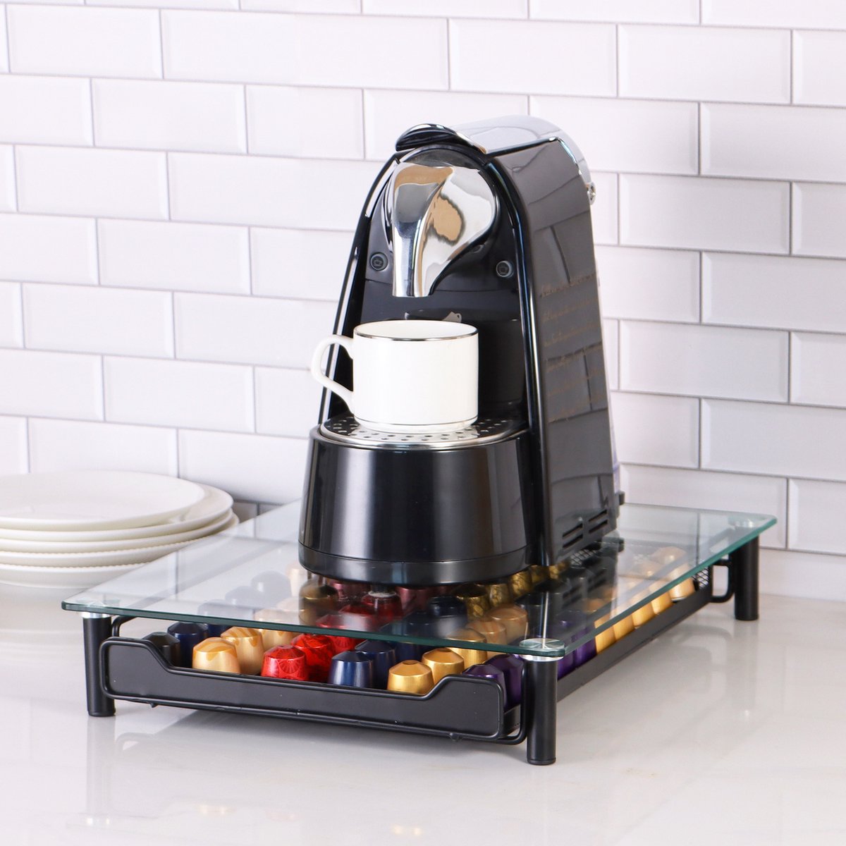 Cheffinger - Nespresso Kapselhalter mit Schublade - Glas - 60 Tassen - Espresso Kaffeepad- und Kapselhalter - Glas und Edelstahl - Schwarz