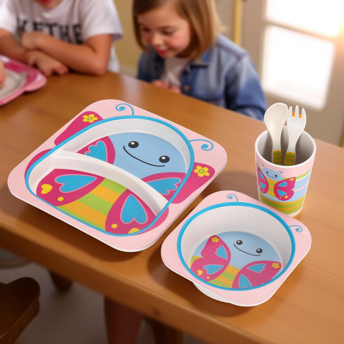 Cheffinger Kindergeschirr - Schmetterling - Rosa - 5-teilig - Blau - Babygeschirr - Kinderbesteck