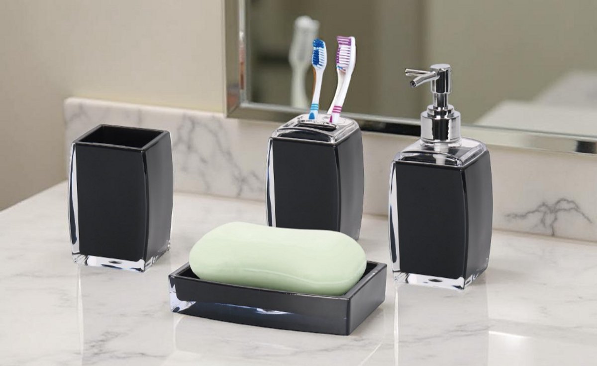 Cheffinger Badaccessoires-Set – 4-teilig – Schwarz – Seifenspender – Zahnputzbecher – Seifenschale – Becher