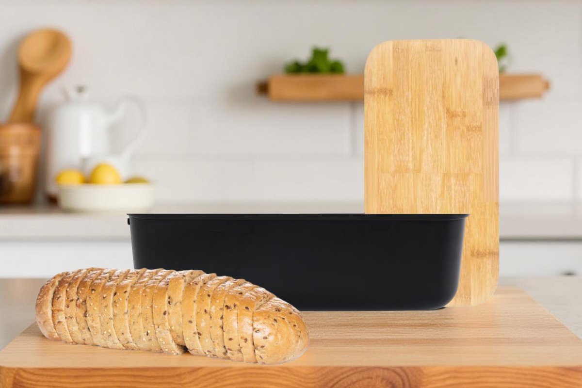 Cheffinger Brotdose - Bambus - Schwarz - Brotkasten - Brot aufbewahren - Frischhaltedose für Brot