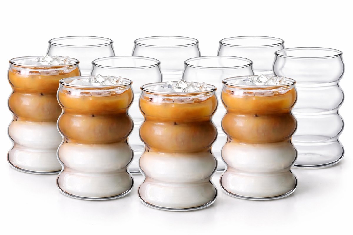 Glozini Wavy Bubble Glasses - 360ml - Set of 8 - Ribbed Glasses - Bubble Glass - Aesthetic Cocktail Glasses