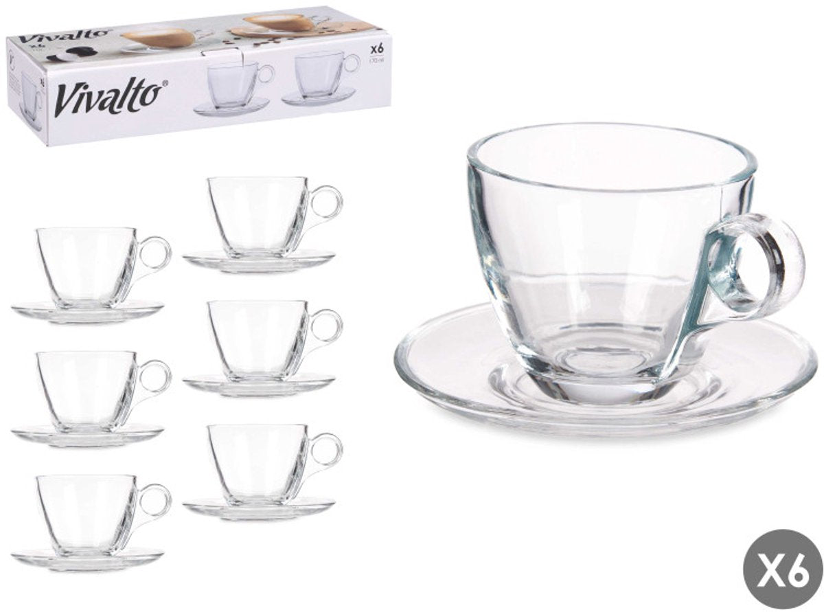 Vivalto Coffee Mug with Saucer - Set of 6 - Glass - 170ml
