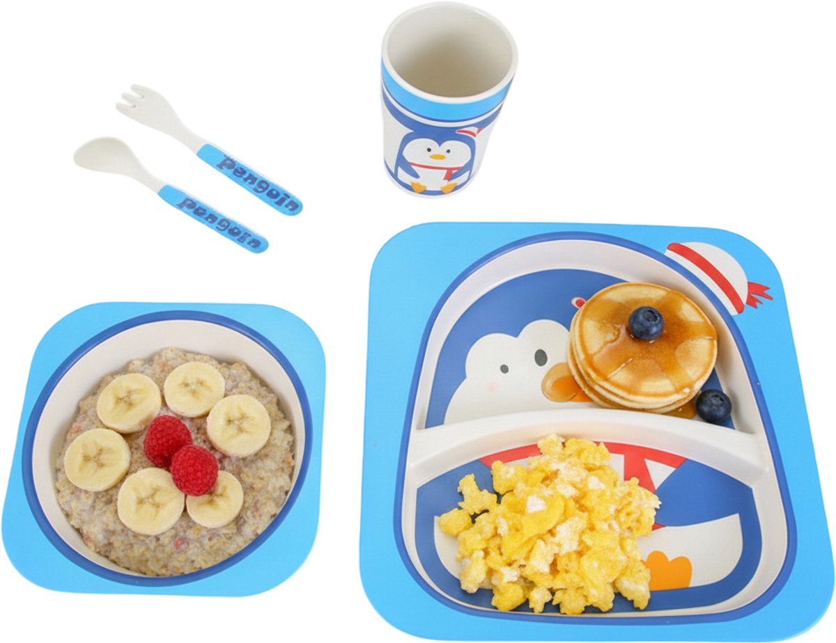 Cheffinger Kindergeschirr - Pinguin - Bambus - 5-teilig - Blau - Babyservice - Kinderbesteck