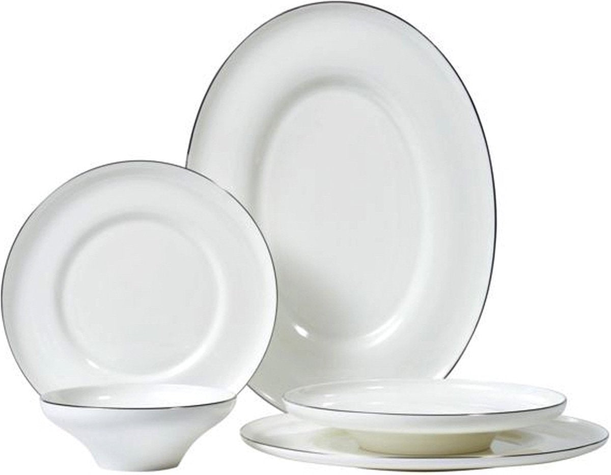 Bricard Macon – Porzellan Geschirrset – Dinner Set – 25-teilig – 6 Personen – Weiß/Silber