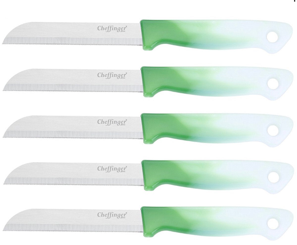 Cheffinger Schälmesserset – Edelstahl Glatt – 18 cm – Grün – 5 Stück - Schälmesser