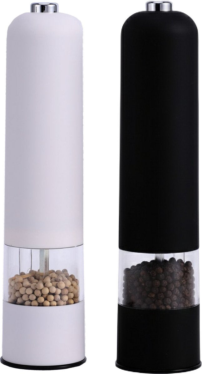 Cheffinger Electric Pepper and Salt Grinder Set - Black/White - Pepper Grinder - Salt Grinder - Adjustable Coarseness - Spice Grinder