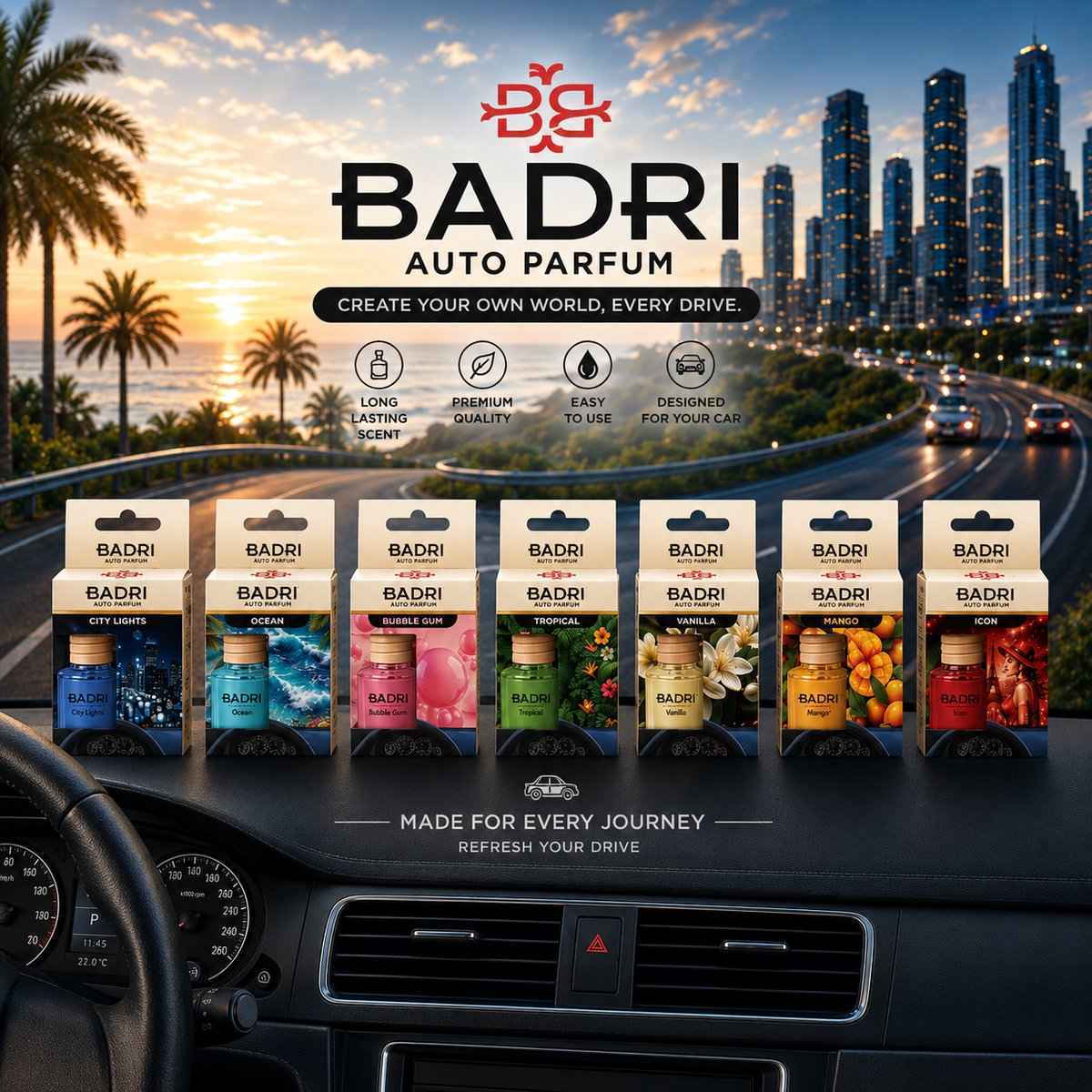 BADRI Auto Parfum City Lights - Luxe Auto Luchtverfrisser met Frisse Stadsgeur