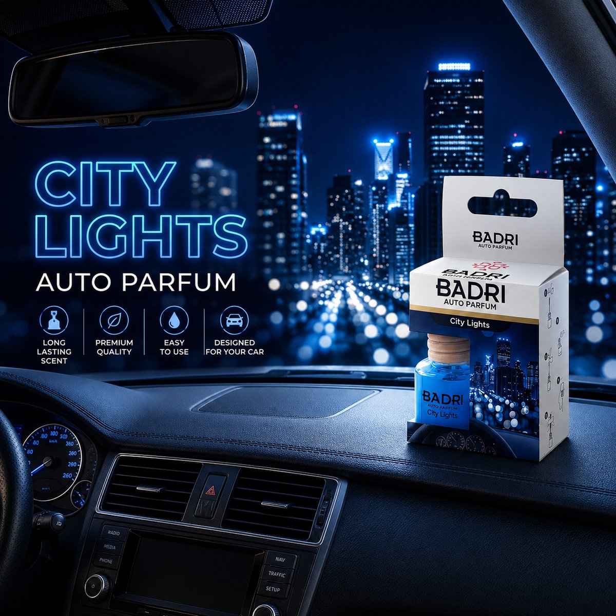 BADRI Auto Parfum City Lights - Luxe Auto Luchtverfrisser met Frisse Stadsgeur