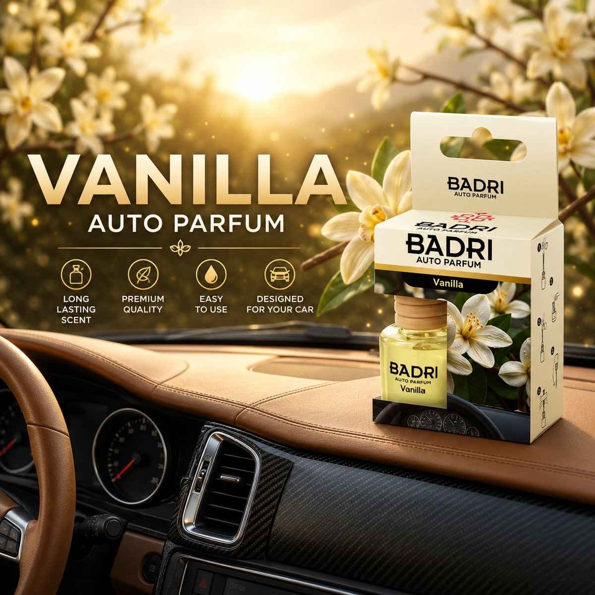 BADRI Auto Parfum Vanilla - Luxe Auto Luchtverfrisser met Zoete Vanillegeur