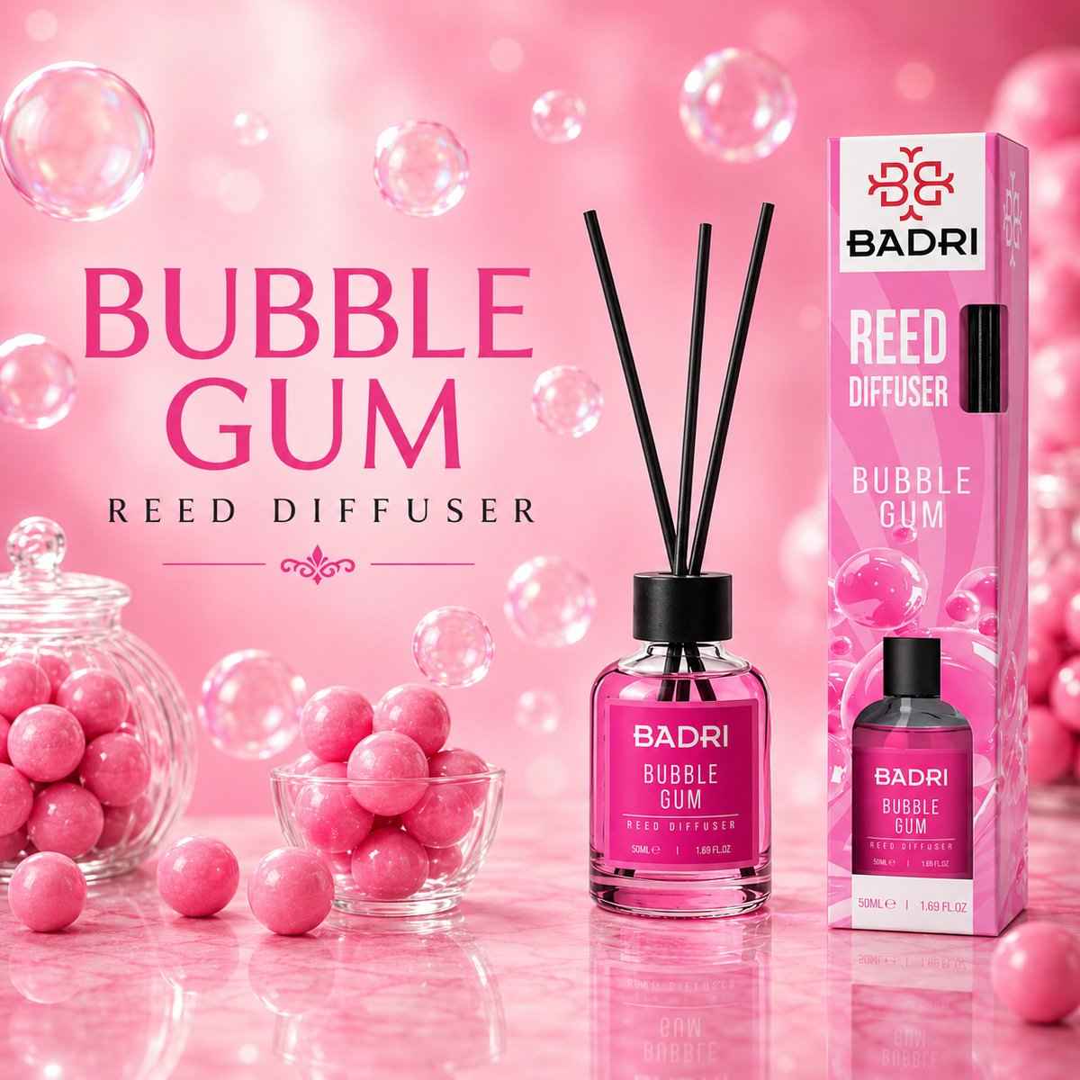 BADRI Geurstokjes Bubble Gum 50ML - Luxe Reed Diffuser met Zoete Bubblegum Geur voor Woonkamer & Badkamer