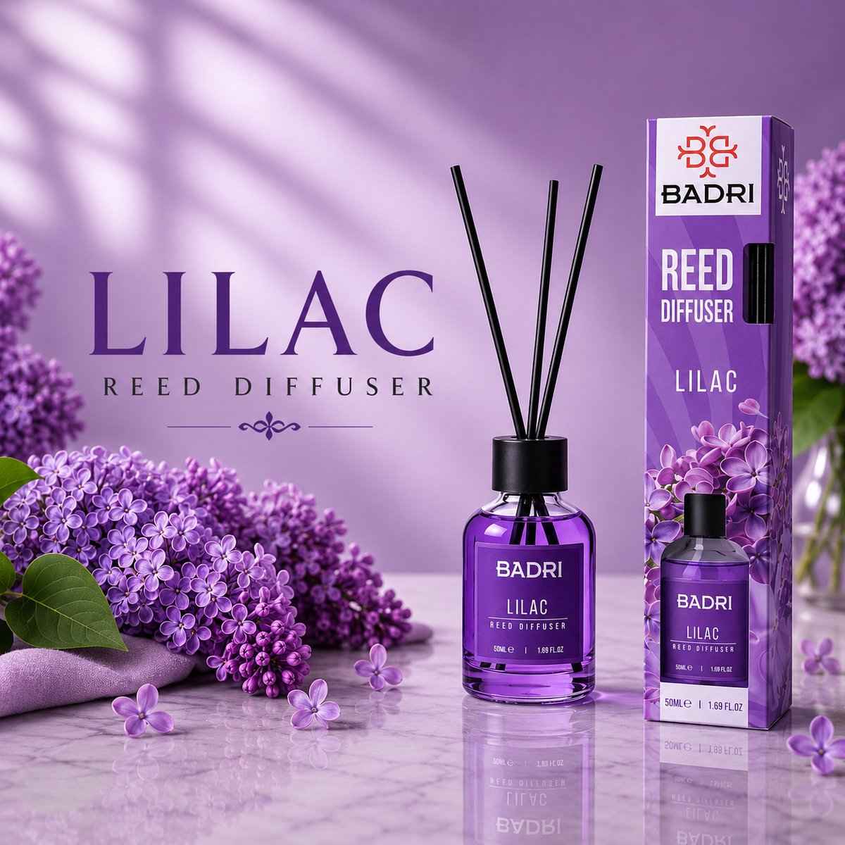BADRI Geurstokjes Lilac 50ML – Luxe Reed Diffuser met Sering Geur voor Woonkamer & Badkamer