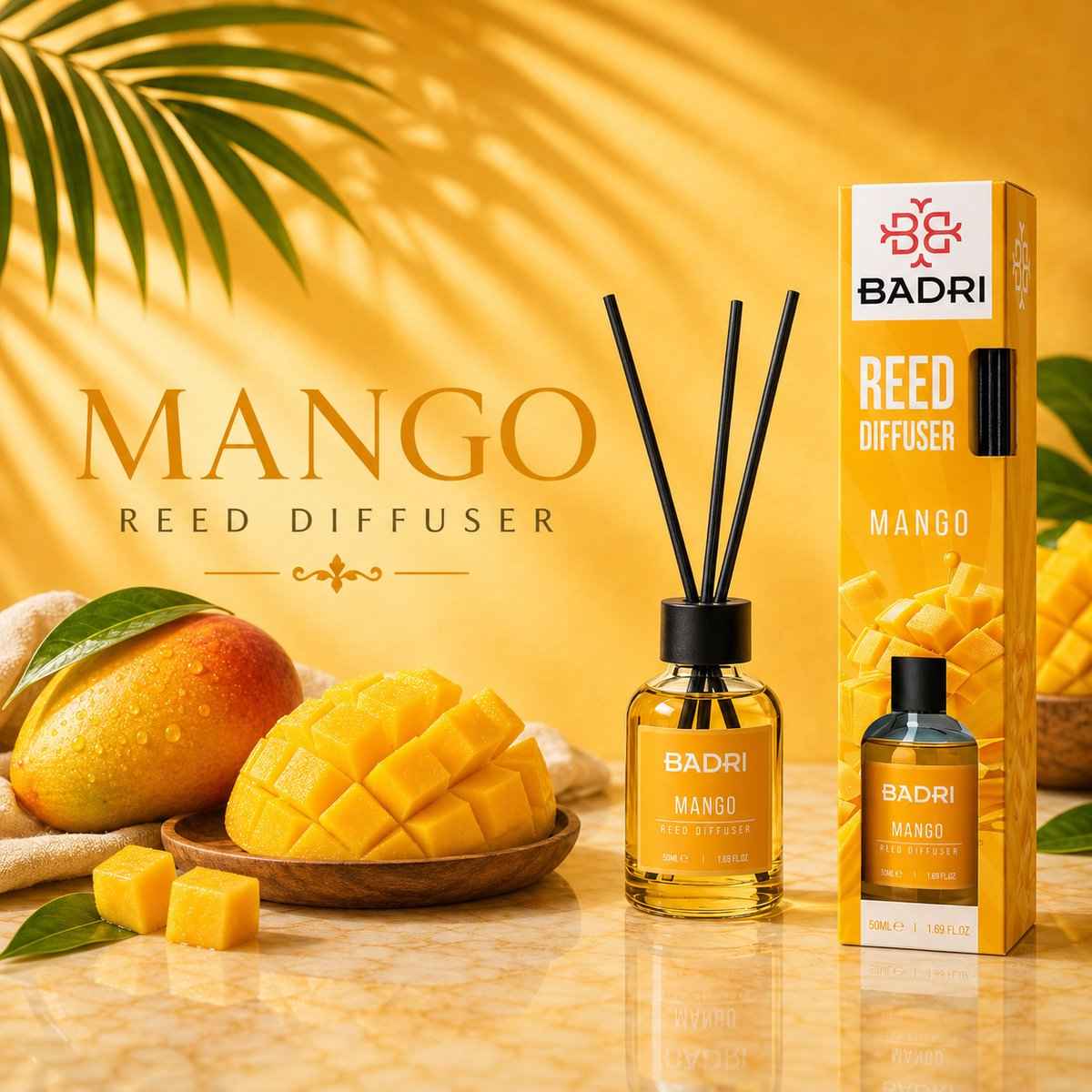 BADRI Geurstokjes Mango 50ML - Luxe Reed Diffuser met Fruitige Mango Geur voor Woonkamer & Badkamer