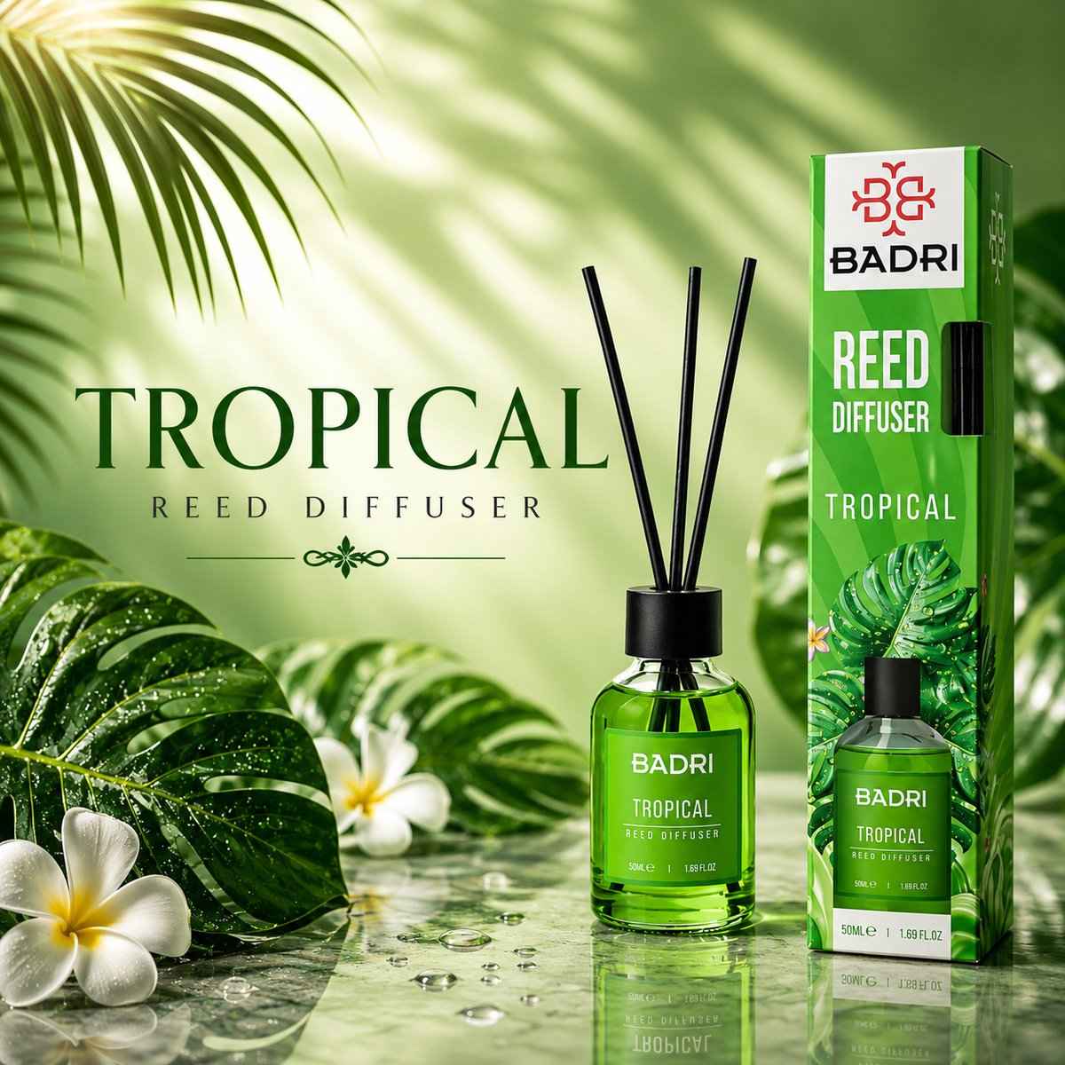 BADRI Geurstokjes Tropical 50ML - Luxe Reed Diffuser met Tropische Geur voor Woonkamer & Badkamer
