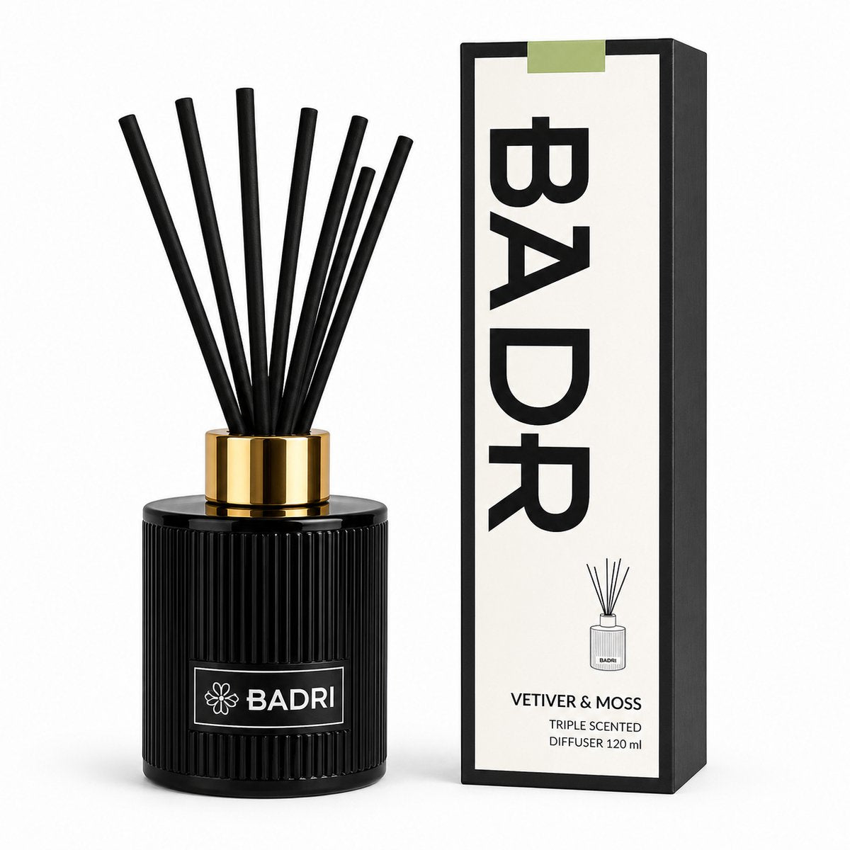 BADRI Geurstokjes Vetiver & Moss 120ML - Luxe Reed Diffuser - Geur voor Woonkamer & Badkamer